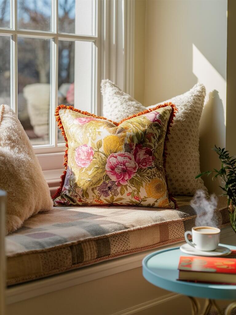 A cozy and inviting living space features a charming window seat adorned with a custom cushion and a collection of plush throw pillows. The cushion boasts a beautiful floral print, while the throw pillows offer a contrasting geometric pattern. The small table next to the window seat holds a steaming cup of coffee and a book with a colorful cover, inviting relaxation and contemplation. The sunlight streams through the window, casting a warm glow over the serene scene.