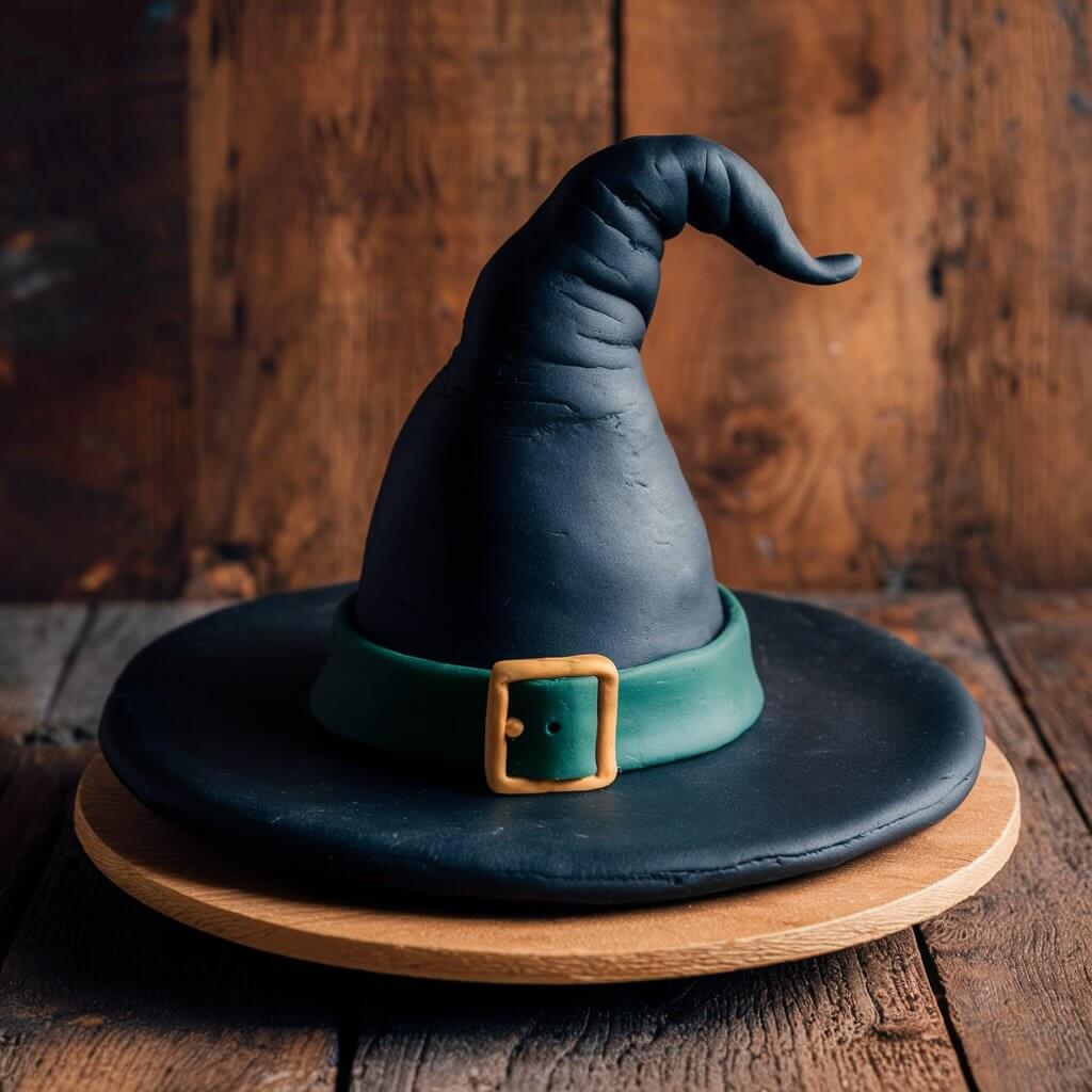 A Halloween cake shaped like a witch's hat, covered in black fondant. The hat features a green band and buckle for an authentic look, making it a magical centerpiece.