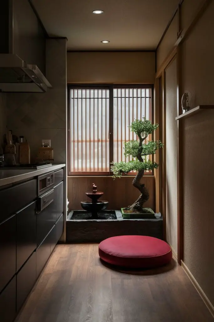 A Japandi kitchen with a designated Zen corner, featuring a small indoor fountain, a bonsai tree, and a meditation cushion. This peaceful retreat adds a touch of tranquility to the kitchen.