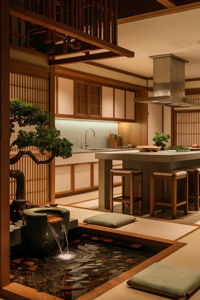 A stunning Japandi-style kitchen design, featuring a serene Zen corner that exudes tranquility. The room is adorned with warm wooden elements, white cabinets, and a large island with stools. The Zen corner showcases a small indoor fountain with cascading water, a meticulously maintained bonsai tree, and a meditation cushion. The soothing colors, natural elements, and soft lighting create a harmonious atmosphere for relaxation and mindfulness amidst the bustling kitchen.