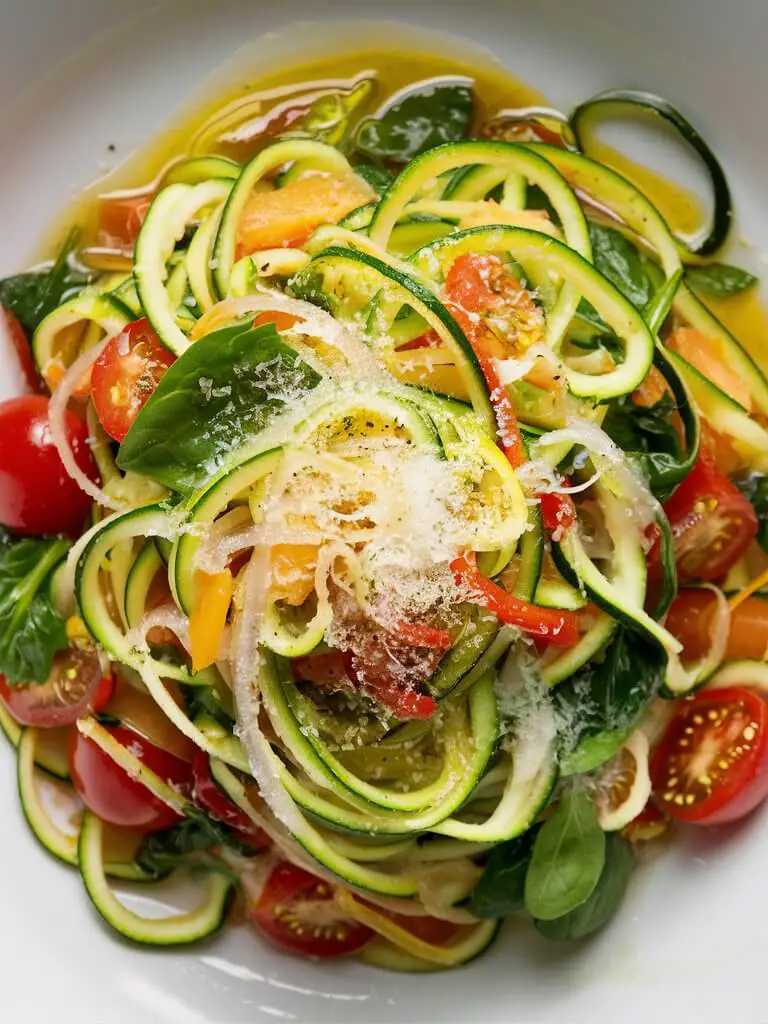 A mouthwatering, vibrant plate of zucchini noodles, expertly spiralized into long, thin strands that mimic traditional pasta. The noodles are lightly coated in a delicate sauce made from a blend of olive oil and lemon juice, creating a glossy sheen. Nestled among the noodles are a colorful assortment of fresh vegetables, including juicy cherry tomatoes, sweet bell peppers, and crisp spinach leaves. The dish is garnished with flecks of fresh herbs, such as basil and parsley, which add an enticing aroma. Topping it off is a light dusting of grated Parmesan cheese, which melts into the warm noodles, and a few twists of freshly ground black pepper. This visually stunning and healthy dish boasts a medley of colors and