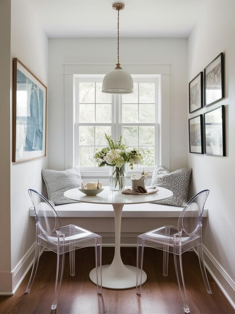 A white table paired with clear acrylic chairs in a small bright and airy breakfast nook, enhanced by natural light.