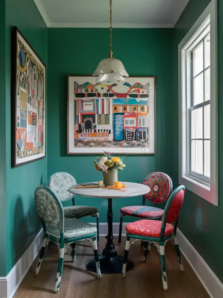 Image of a small artistic breakfast nook with unique furniture, eclectic chairs, and colorful artwork.