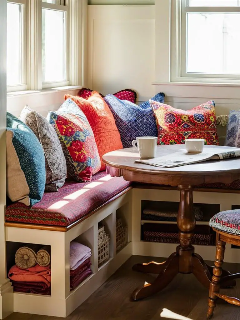 A compact breakfast nook featuring a bench with built-in storage underneath, paired with a small table and colorful cushions.