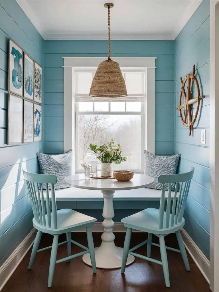 A small serene coastal-themed breakfast nook with a white table, light blue chairs, and nautical decor.