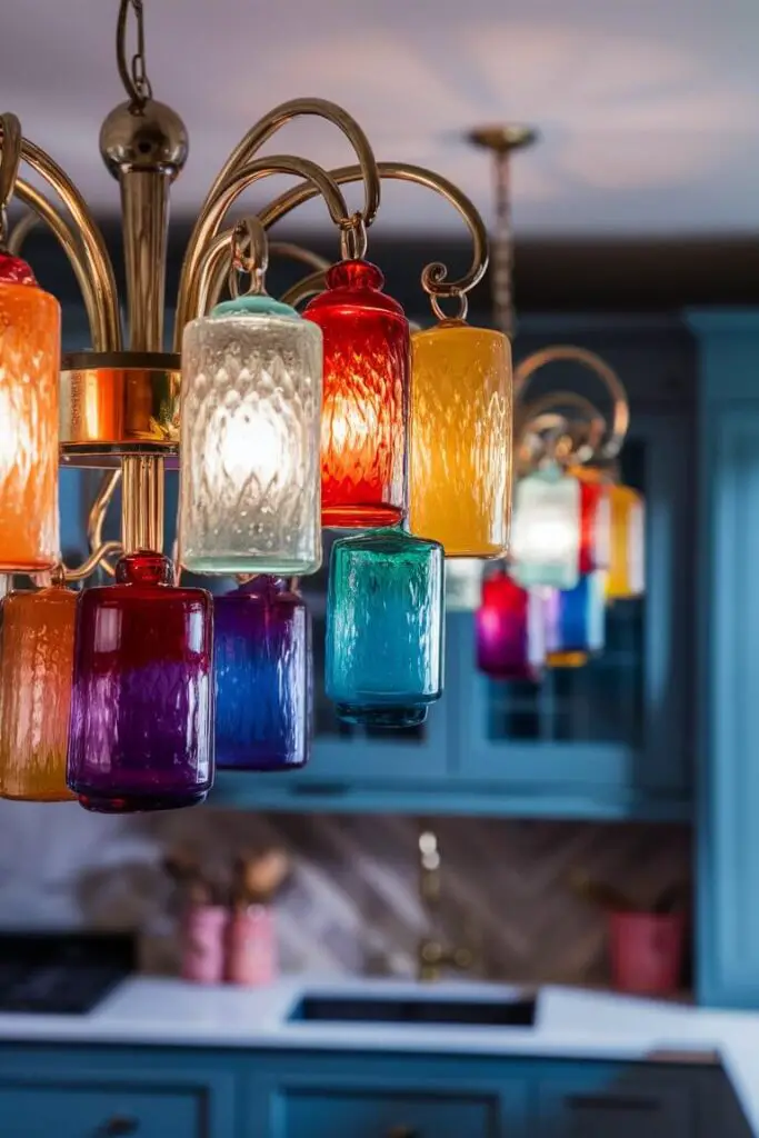 a close-up photograph of A kitchen featuring a unique chandelier with multicolored glass pendants. The artistic lighting fixture adds both illumination and an artistic touch, embodying the essence of Colorful Eclectic Kitchen Ideas.