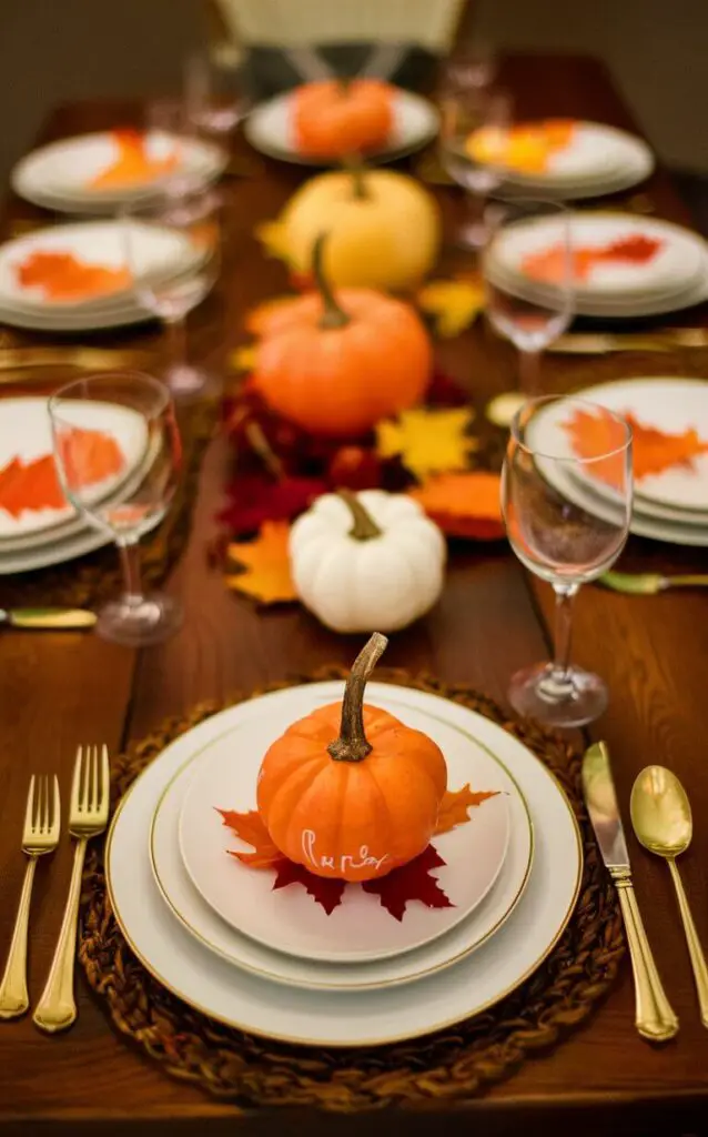 A dining table with personal touches as part of the fall decor. Mini pumpkins or autumn leaves are used as place cards with guests' names written on them, adding a thoughtful and special element to the table setting.