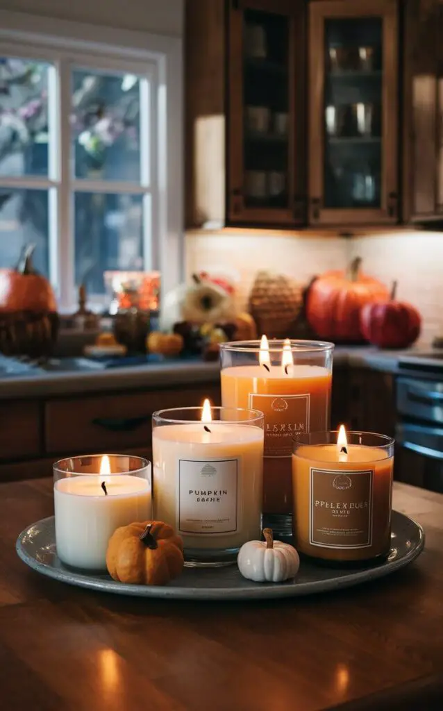 Fall-scented candles like pumpkin spice and apple cinnamon lit on kitchen counters and tables. The warm glow and comforting scents of these candles enhance the fall decor atmosphere.