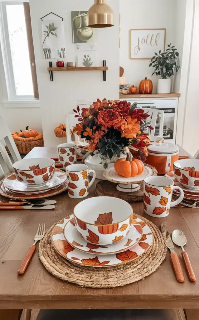 A kitchen table set with fall-themed plates, bowls, and mugs featuring pumpkin and leaf patterns. This simple swap in dishware brings a festive feel to the kitchen's fall decor.