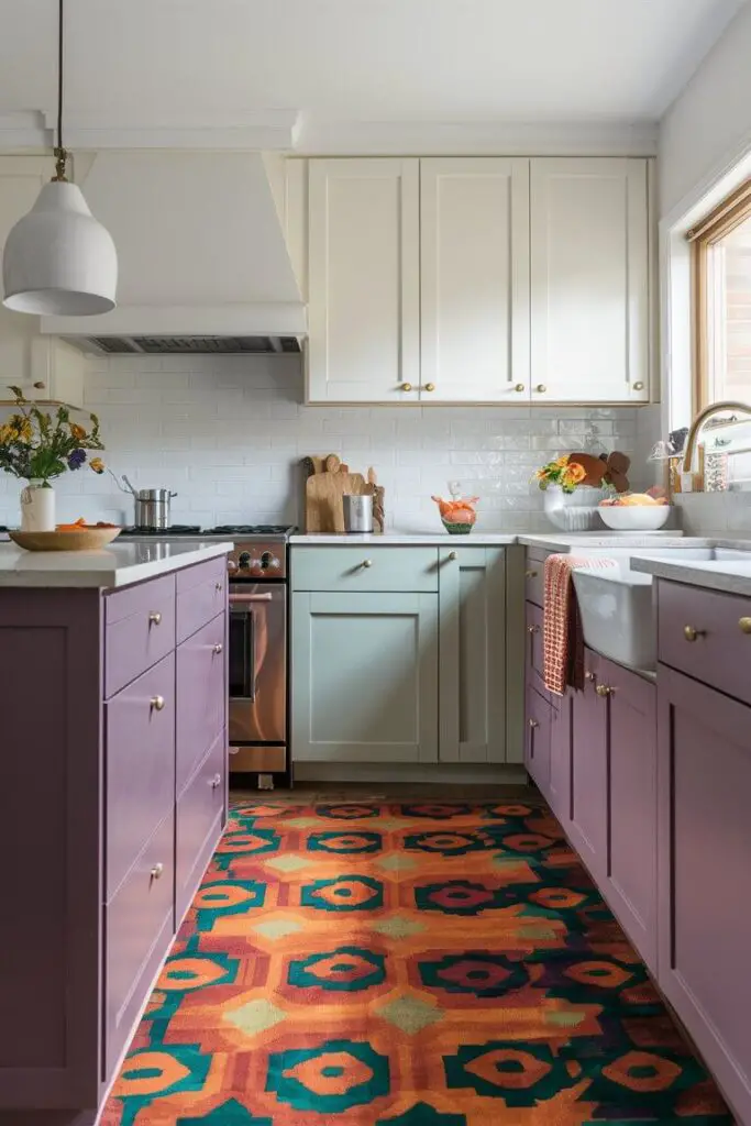 a close-up of A kitchen with a funky, patterned rug featuring bold colors like orange, teal, and purple. The rug adds a cozy and colorful element, highlighting one of the many Colorful Eclectic Kitchen Ideas for adding warmth to the space.