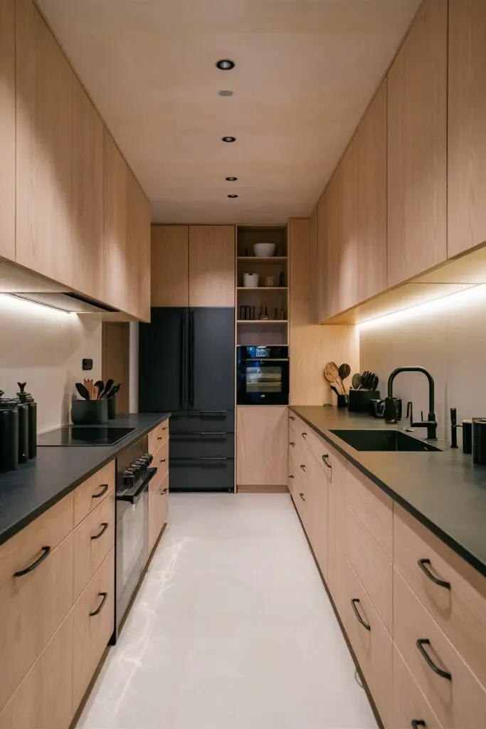 A stunning Japandi kitchen design, seamlessly blending Japanese and Scandinavian influences. The spacious area features light-toned wood cabinets with clean lines and integrated handles, creating a minimalist aesthetic. Matte black countertops contrast the wood, adding a modern touch.

On the left, a set of matching matte appliances includes a sleek refrigerator and a black oven. The countertops display a series of black kitchen gadgets and containers, enhancing the functional yet elegant atmosphere.

On the right, a matte black sink with a minimalist faucet is embedded in the countertop, surrounded by carefully arranged utensils and decorative items. The matte surfaces absorb light, creating a calming ambiance that complements the natural wood tones and minimalist design.

Soft, indirect lighting from recessed ceiling fixtures enhances the matte finishes