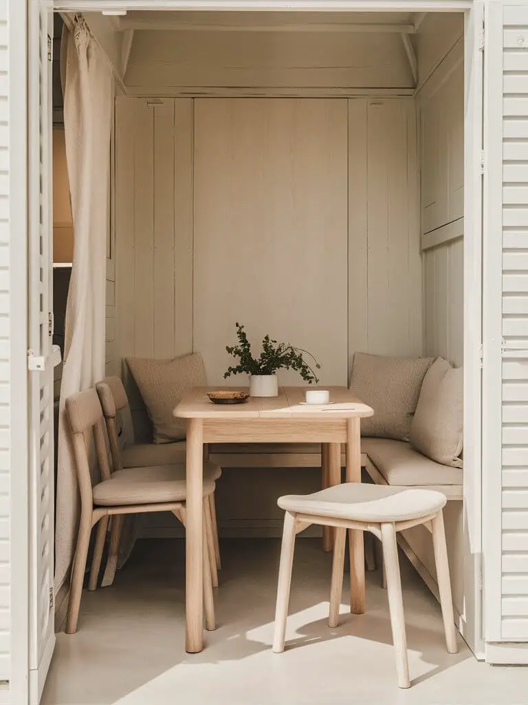 A serene Scandinavian-inspired breakfast nook with a compact wooden table, featuring a clean design with simple, matching chairs. The space is adorned with light, airy colors, such as white and beige, creating an open and inviting atmosphere. A small, green plant adds a touch of freshness to the room. The minimalist design and the use of natural materials evoke a sense of tranquility and simplicity.