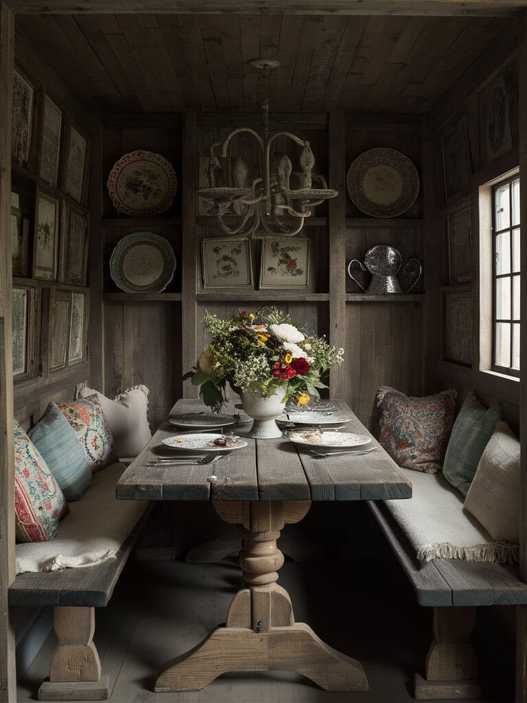 A wooden table and benches in a small rustic breakfast nook, decorated with vintage accessories and fresh flowers.