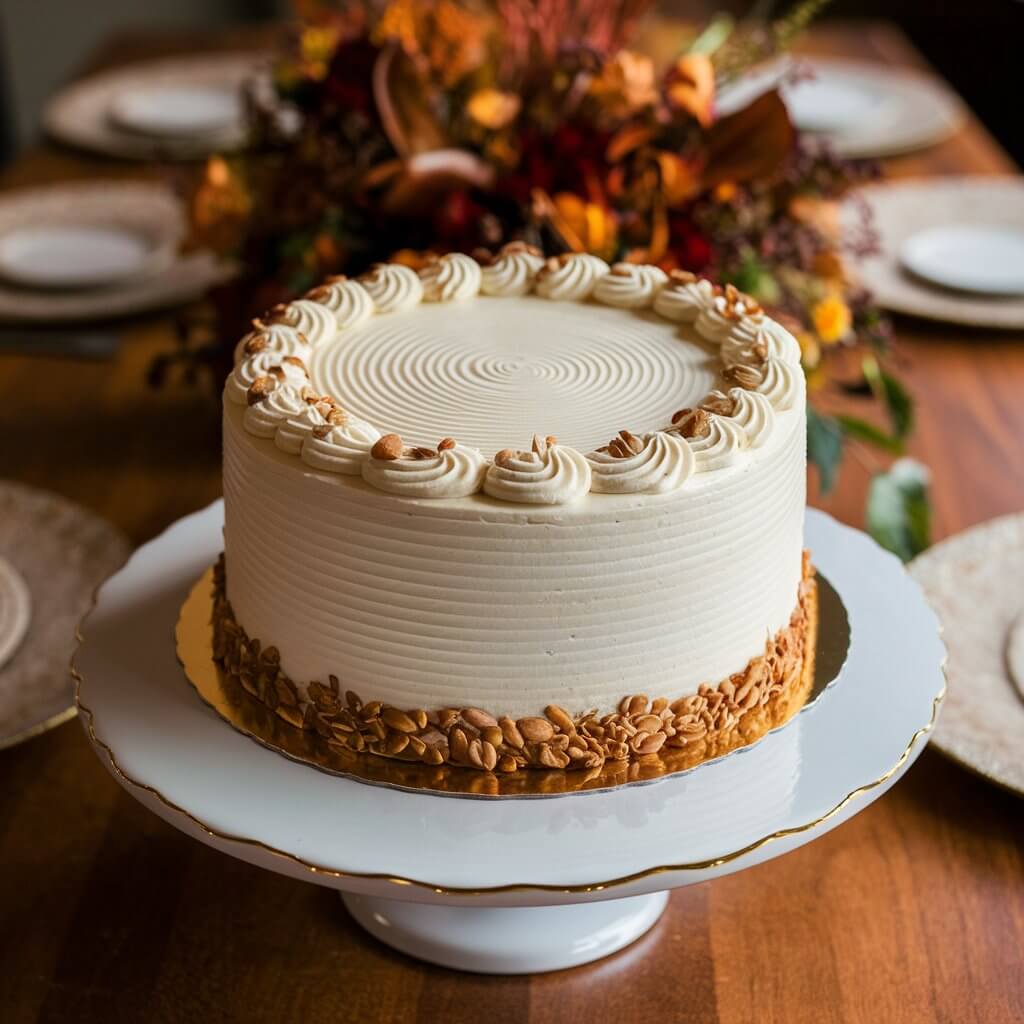 A stunning almond amaretto cake sits elegantly on a golden-edged white stand, showcasing its exquisite design. The cake is covered in smooth, ribbed white frosting, with a delightful almond-encrusted border along the base and a semi-circle of almonds and swirled frosting at the top. Surrounding the cake is a warm-toned wooden table, set with a cozy fall-themed floral arrangement, creating an atmosphere of comfort and sophistication. The cake's elegant appearance is enhanced by the contrast of its creamy frosting and crunchy almonds, making it a true masterpiece.