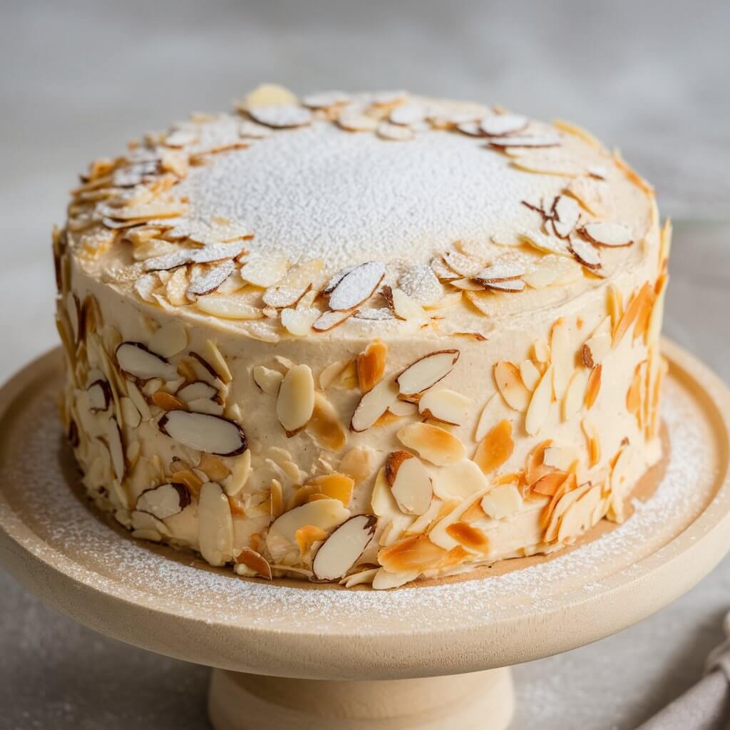 A photo of a plain moist almond cake with a tender crumb, coated in a smooth almond-flavored frosting. The cake is topped with slivered almonds and a light dusting of powdered sugar for an elegant, understated look. It's presented on a light wooden cake stand, perfect for a refined birthday celebration.