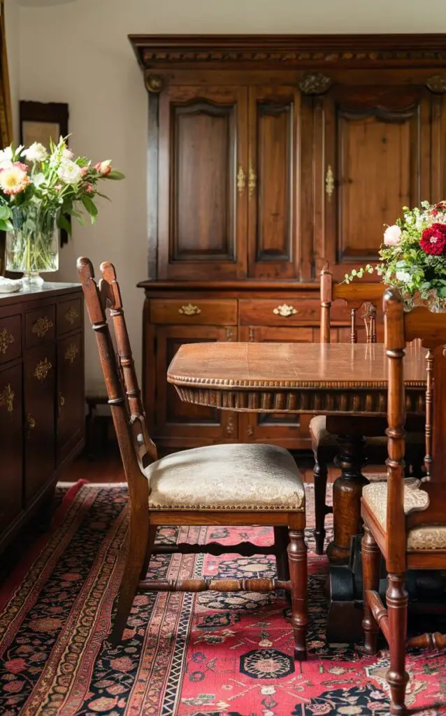 A traditional dining room showcasing antique wooden furniture, including a large dining table with intricate carvings and matching chairs. A vintage sideboard with brass handles is adorned with a vase of fresh flowers. The room is filled with warm tones, complemented by an ornate Persian rug underfoot.