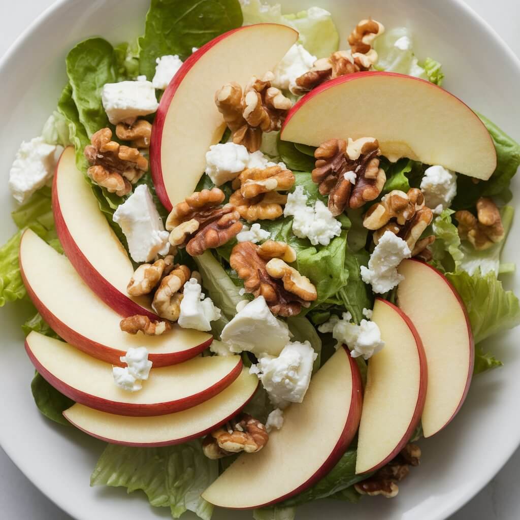 A photo of a crisp salad featuring sliced apples, crunchy walnuts, and crumbled feta cheese, all tossed in a light apple cider vinaigrette. The salad is served on a white plate, with the apple slices fanned out and the walnuts and feta evenly distributed, creating a fresh and inviting presentation.