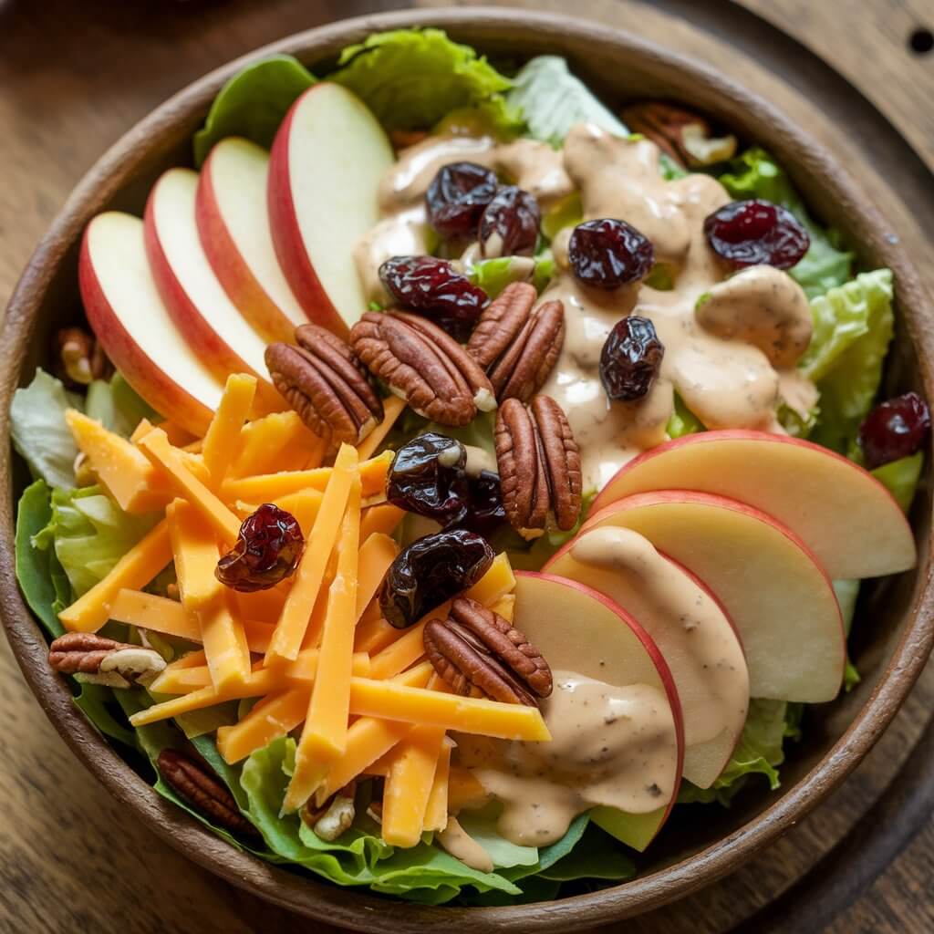 A photo of a rustic bowl containing a fall salad. There are crisp apple slices, sharp cheddar cheese, toasted pecans, and dried cranberries. The salad is tossed in a creamy maple dressing. The salad is served on a wooden platter, with the ingredients artfully arranged to highlight the classic fall flavors and textures.