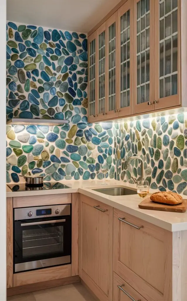 A cozy coastal kitchen featuring a stunning mosaic backsplash made of blue and green tiles, inspired by the sea. The tiles showcase a beautiful mix of sea glass and pebble patterns, adding depth and a lively burst of color. The kitchen is equipped with a small oven, a sink, and wooden cabinets that provide ample storage. A small glass of wine and a loaf of freshly baked bread sit on the counter, inviting warmth and comfort to the space.