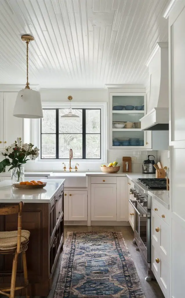 A small coastal kitchen featuring a white beadboard ceiling that adds texture and charm. The beadboard is painted a bright white, reflecting light and making the kitchen feel more spacious and inviting.