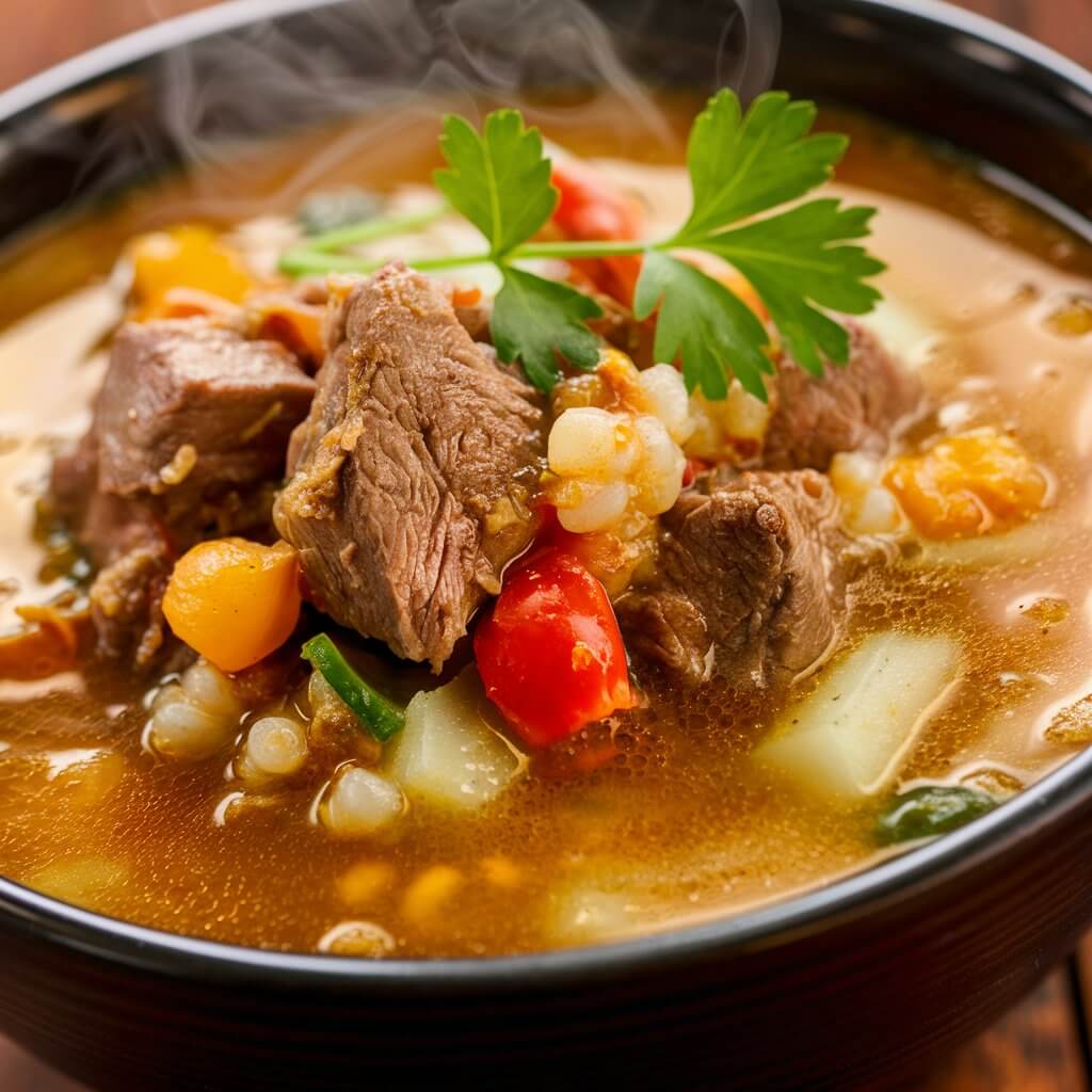 A mouthwatering close-up of a hearty beef and barley soup, brimming with tender chunks of beef, plump barley grains, and vibrant vegetables. The warm, golden broth is filled with flavors, exuding a comforting aroma. A sprig of fresh parsley rests atop the steaming soup, adding a touch of freshness. The bowl is beautifully set on a rustic wooden table