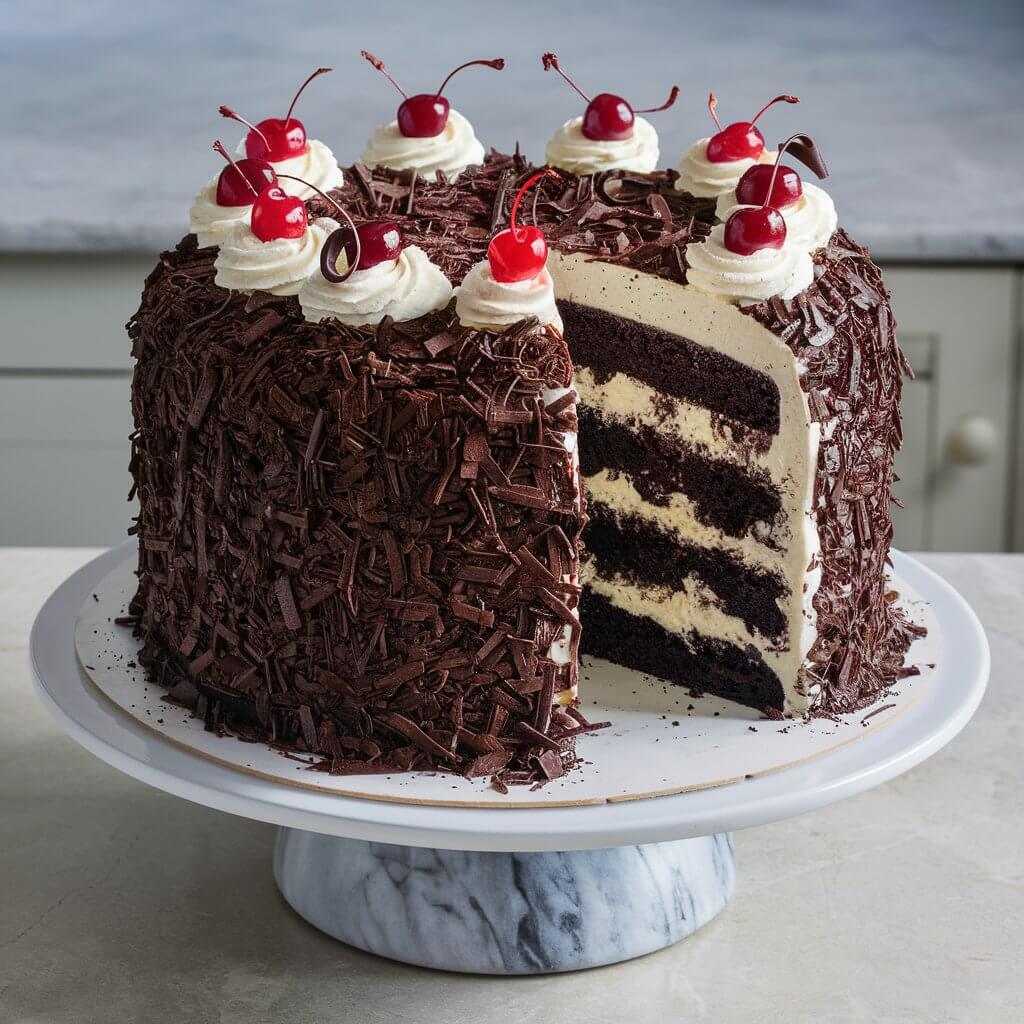 A Black Forest Cake is displayed on a white cake stand with a marble base. The cake is tall and decadent, featuring multiple layers. The sides of the cake are covered in a thick layer of dark chocolate shavings, giving it a rich, textured appearance.

The cake is frosted with a smooth white cream, providing a striking contrast to the dark chocolate. A slice has been cut out, revealing the interior layers of the cake: moist, dark chocolate sponge alternating with layers of white whipped cream.

On top of the cake, there are small mounds of whipped cream, each adorned with a bright red cherry and a curl of dark chocolate. The scene is set against a light-colored kitchen backdrop, enhancing the cake's rich color.