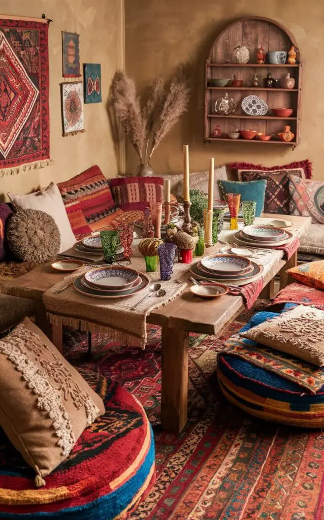 A warm and inviting boho-style dining room, featuring an eclectic mix of vibrant, layered rugs with intricate patterns and colors. The walls are adorned with eclectic artwork and a rustic, wooden shelf displaying decorative items. The dining table is set with boho-inspired tableware, including patterned plates, ornate silverware, and colorful glasses. Cushions of various shapes, sizes, and patterns add a touch of comfort and relaxation to the seating area. The overall atmosphere is cozy, warm, and filled with a sense of bohemian charm.