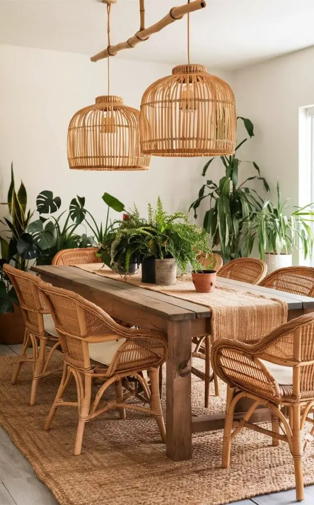 A boho dining room featuring a rustic wooden table surrounded by wicker chairs and a jute rug. Bamboo pendant lights hang from the ceiling, casting a warm glow over the space. A mix of potted plants adds a touch of greenery, complementing the natural materials beautifully.