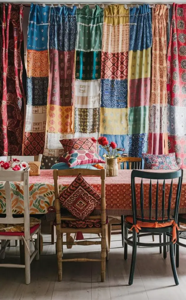 A boho dining room with an eclectic mix of patterned cushions, tablecloths, and curtains. The vibrant colors and diverse designs create a lively and energetic atmosphere. A wooden dining table and mismatched chairs complete the look.