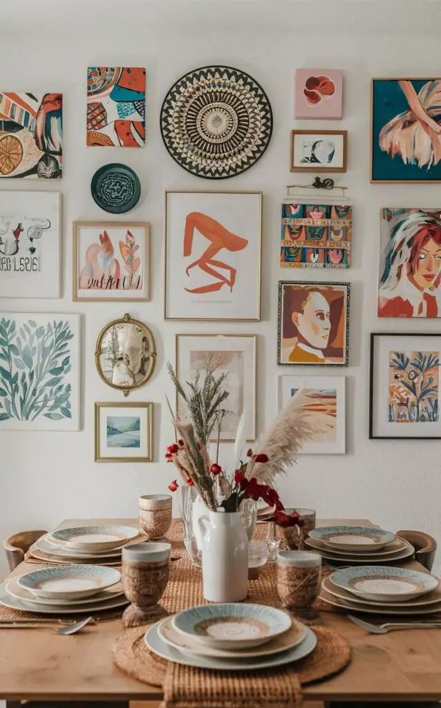 A boho dining room with a gallery wall featuring a mix of paintings, prints, and decorative items. The eclectic collection of art pieces brings color and personality to the space. The dining table is set with boho-inspired tableware, enhancing the artistic feel.