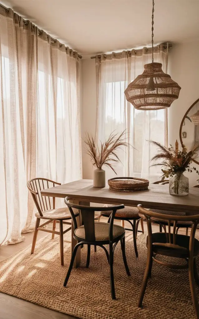 A boho dining room with sheer curtains that let in natural light, creating an airy and serene atmosphere. The light, flowing fabric adds a soft touch to the space. The wooden dining table and eclectic chairs enhance the relaxed boho style.