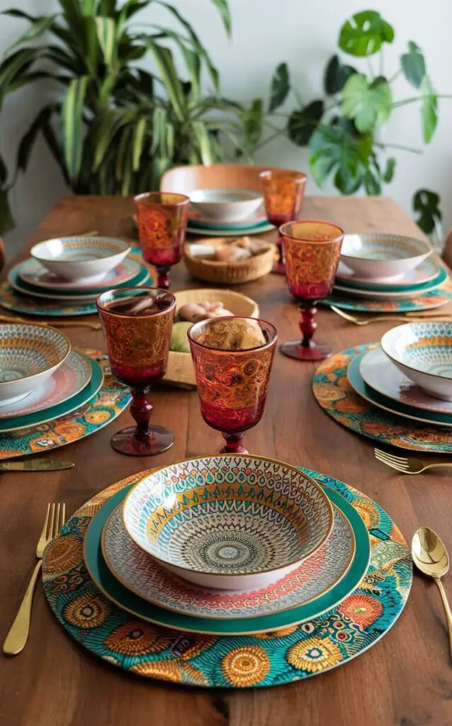 A boho dining room with a dining table set with boho tableware featuring intricate patterns and vibrant colors. The eclectic mix of plates, bowls, and glasses creates a lively and inviting dining experience. The wooden table and indoor plants complete the look.