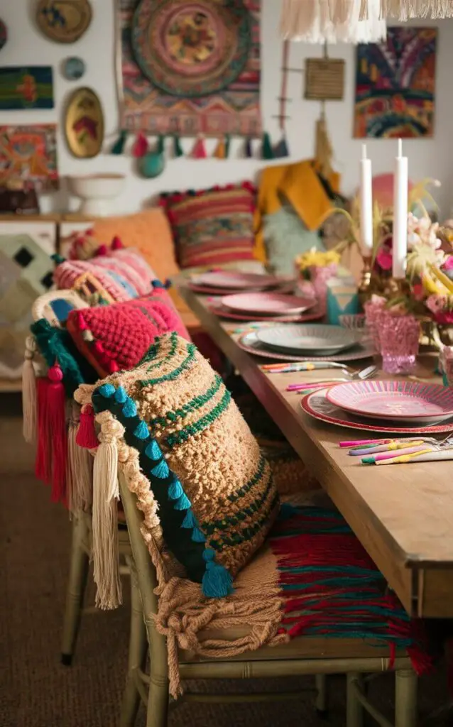 A cozy and eclectic boho-style dining room, where vibrant and textured cushions adorn the chairs. The cushions are adorned with tassels, fringe, and embroidery, adding layers of comfort and style. The dining table is elegantly set with colorful tableware, including patterned plates and mismatched utensils, which perfectly complement the overall boho decor. The walls are adorned with an assortment of artwork and decorative elements, creating a warm and inviting atmosphere.