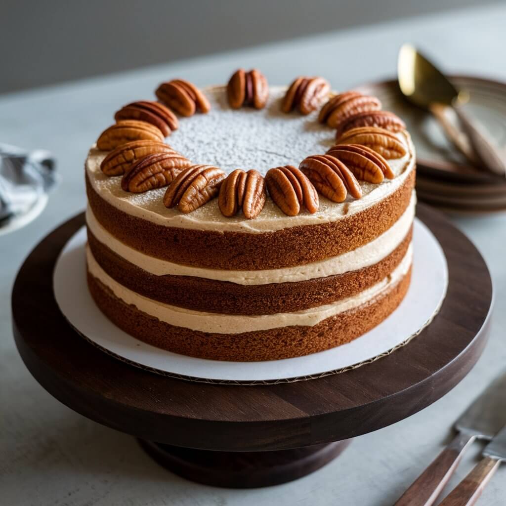 A photo of a bourbon pecan birthday cake with warm, spiced layers and a bourbon-infused frosting. The cake is topped with caramelized pecans and a light dusting of powdered sugar. It's served on a dark wooden cake stand, which enhances the rich, earthy tones of the cake. The background is minimalistic, with a few utensils and a plate.