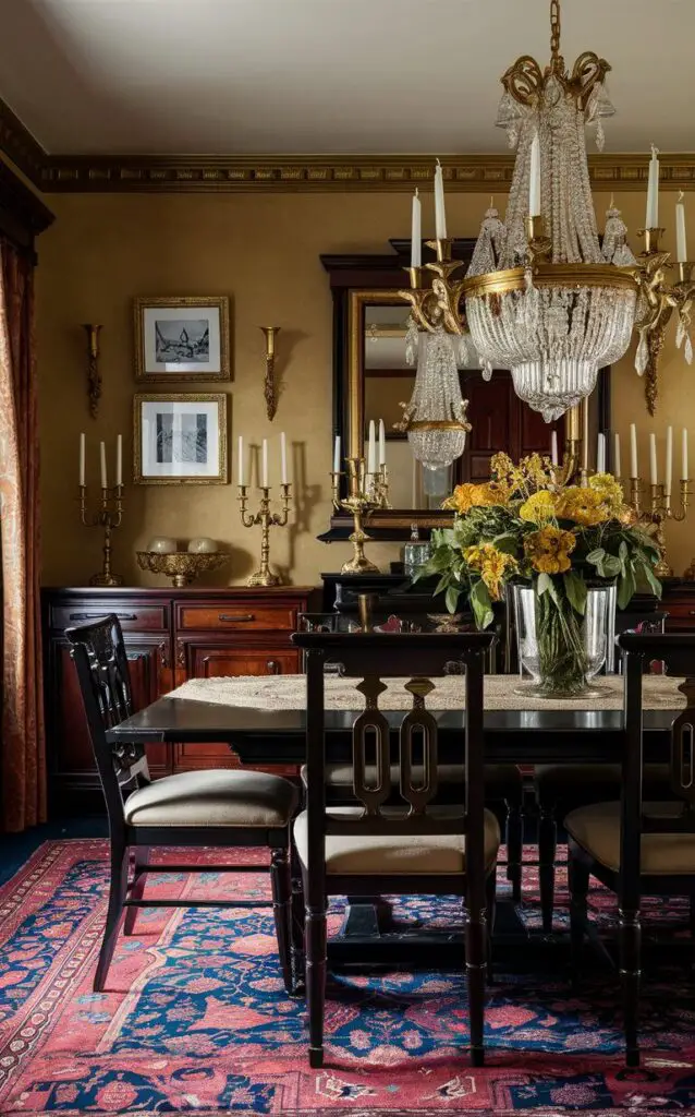 A traditional dining room with brass accents, including candlesticks, picture frames, and cabinet hardware. The warm brass tones complement the dark wood furniture and the rich color palette of the room, which features a grand chandelier and ornate rug.