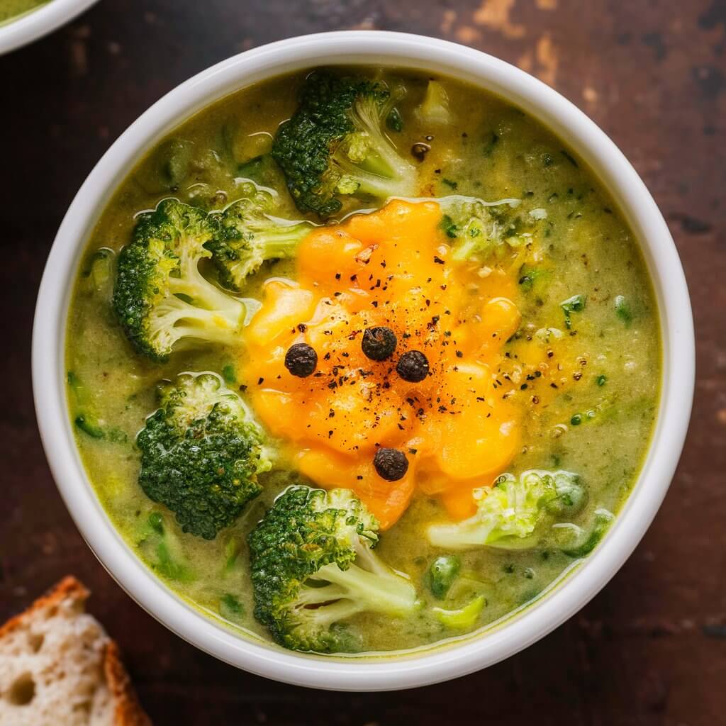 A bowl of thick and creamy broccoli cheddar soup, with visible pieces of tender broccoli and melted cheddar cheese on top. Garnished with a sprinkle of extra cheese and a few cracked black peppercorns. The bowl sits on a rustic table with a piece of crusty bread.