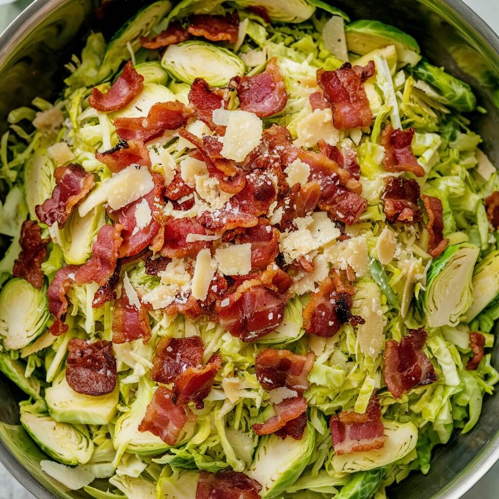 A photo of a hearty salad with finely shredded Brussels sprouts as the base. The salad is topped with crispy bacon pieces, grated Parmesan cheese, and a mustard dressing. The salad is displayed in a deep bowl, with the bacon and cheese clearly visible, showcasing the rich, savory elements of this fall dish.