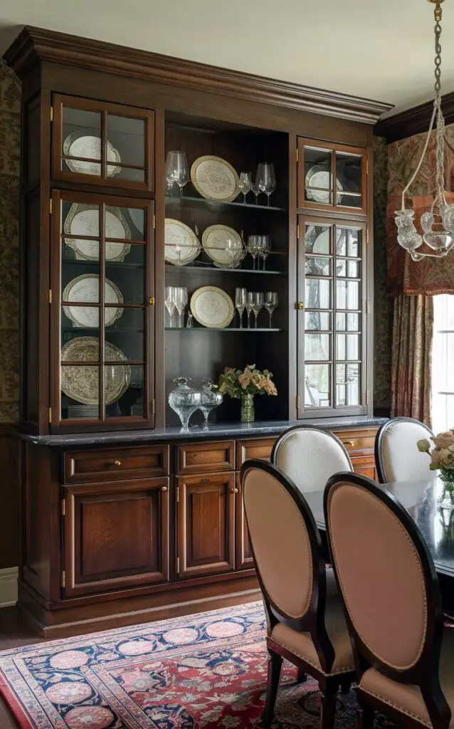 A traditional dining room featuring a built-in hutch with glass doors, displaying fine china and crystal glassware. The hutch, crafted from dark wood, blends seamlessly with the room’s decor, which includes a large dining table, upholstered chairs, and a rich, patterned rug.