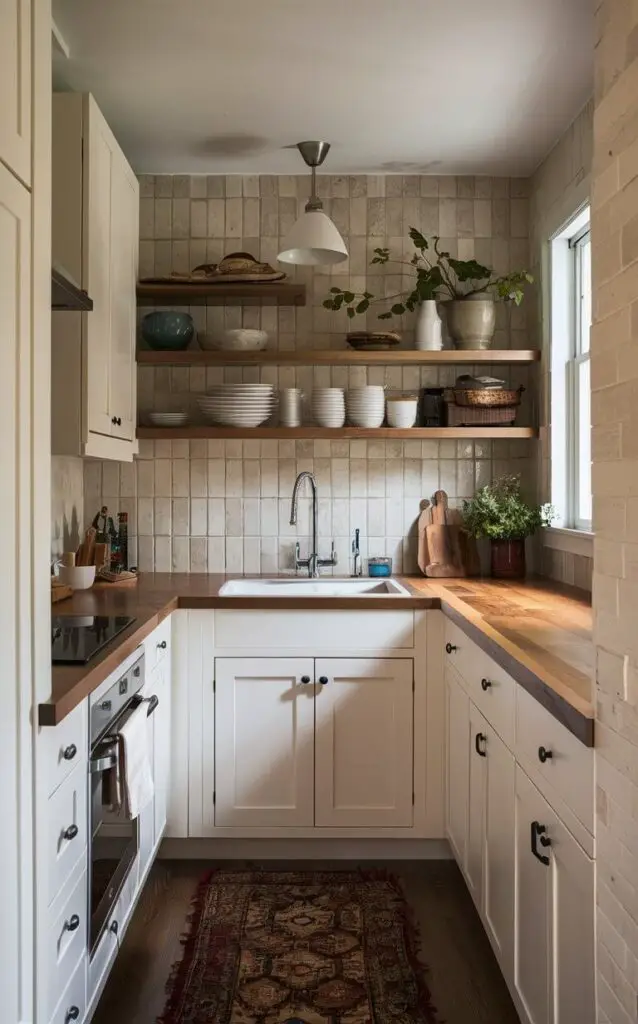 A small coastal kitchen featuring a natural wood butcher block countertop. The warm wood grain contrasts beautifully with white cabinets and a simple tile backsplash, adding both functionality and rustic charm to the space.