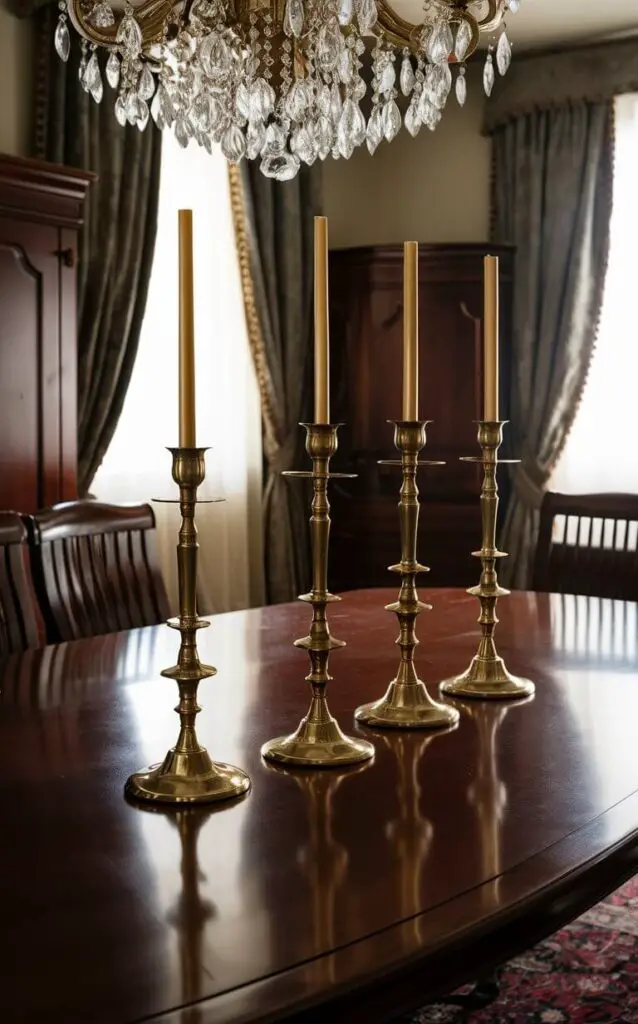 A traditional dining room with brass candlesticks arranged on a polished wooden dining table. The candlesticks add a warm glow, enhanced by the soft lighting of a crystal chandelier overhead. The room features dark wood furniture, heavy drapes, and a rich, patterned rug.