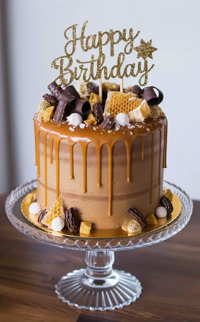 A decadent Caramel Drip Cake displayed on a clear glass cake stand. The tall cake is coated in smooth caramel icing, with caramel dripping elegantly down the sides. The top of the cake is adorned with chocolate curls, sea salt flake, golden spherical decorations, and chunks of honeycomb. A glittering "Happy Birthday" topper adds a celebratory touch. The cake is set against a simple, blurred background, highlighting its rich textures and festive decorations.