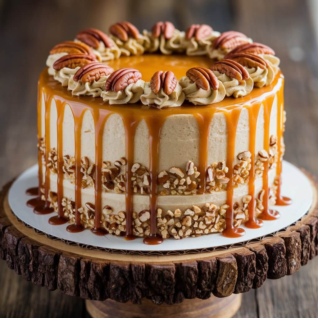 A caramel pecan birthday cake with layers of moist cake and rich caramel frosting, topped with crunchy pecans. The cake is drizzled with caramel sauce that cascades down the sides, and the top is adorned with whole pecans arranged in a decorative pattern. It sits on a rustic wooden cake stand.