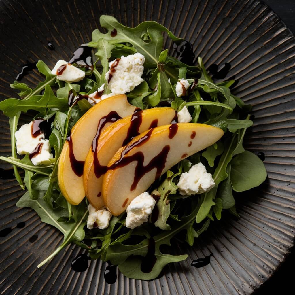 A photo of an elegant autumn-inspired salad. There is a bed of arugula on a dark, textured plate. Golden caramelized pear slices are arranged alongside crumbles of sharp blue cheese. The salad is lightly drizzled with a balsamic reduction. The overall dish is presented in a sophisticated manner, with the rich flavors of the ingredients highlighted.