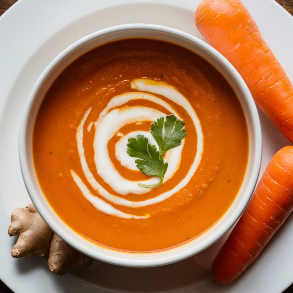 A vibrant orange bowl of carrot ginger soup, topped with a swirl of coconut milk and a few fresh coriander leaves. The bowl sits on a white plate, with whole carrots and a piece of fresh ginger nearby, emphasizing the soup's fresh ingredients.