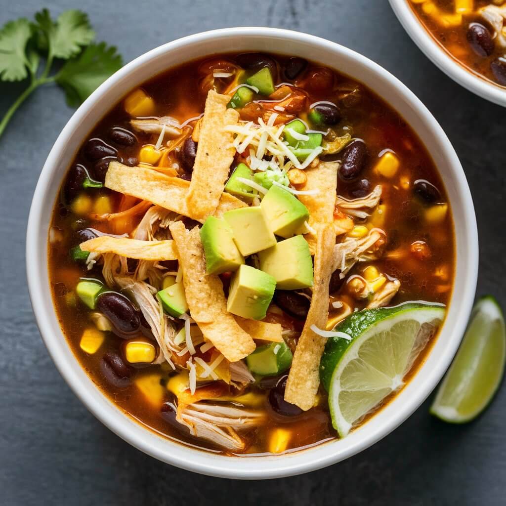 A hearty bowl of chicken tortilla soup, filled with colorful ingredients like creamy black beans, corn, and shredded chicken. Topped with crispy tortilla strips, diced avocado, and a sprinkle of shredded cheese. The bowl is accompanied by a lime wedge and a sprig of cilantro on the side.