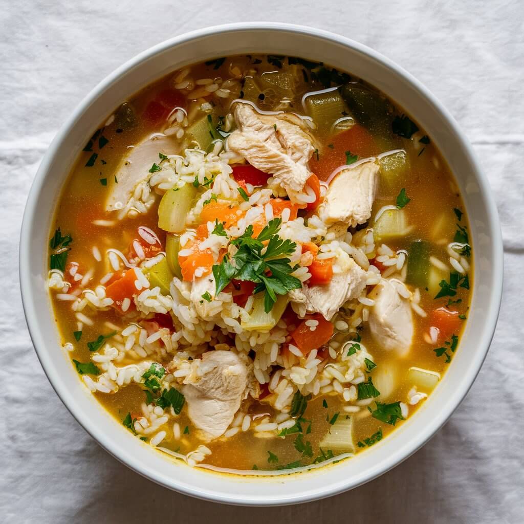 A comforting bowl of chicken and rice soup, filled with tender chicken pieces, rice, and vegetables. Garnished with a sprinkle of fresh parsley. The bowl is placed on a white tablecloth.