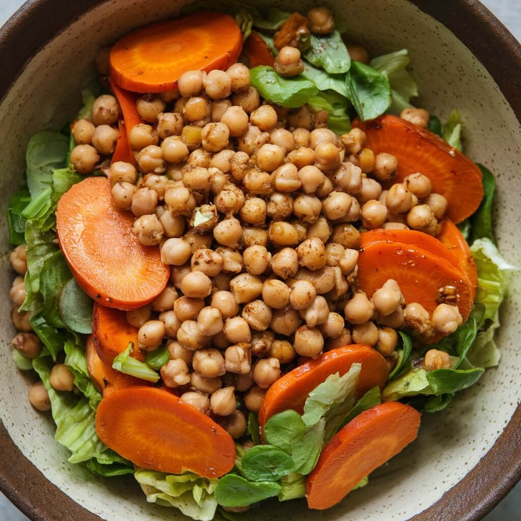 A hearty salad featuring roasted carrot slices and chickpeas, tossed together in a cumin-spiced vinaigrette. The salad is presented in a deep, ceramic bowl, with the bright orange carrots and pale chickpeas providing a warm, inviting color palette that highlights the earthy, fall-inspired ingredients.