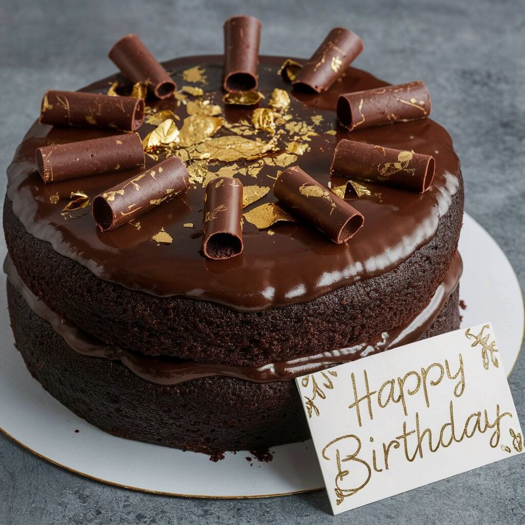 A decadent Chocolate Fudge Cake with dense, fudgy layers and creamy chocolate ganache. The cake is decorated with gold leaf and chocolate curls. A "Happy Birthday" card is placed next to the cake, adding a personal touch to the celebration.