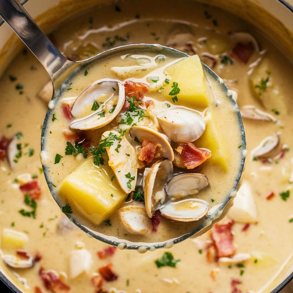 A close-up image of a ladle filled with creamy clam chowder, showcasing chunks of potato, clams, bacon bits, and sprinkled parsley. The background features a pot filled with the same clam chowder, highlighting its rich and hearty texture.