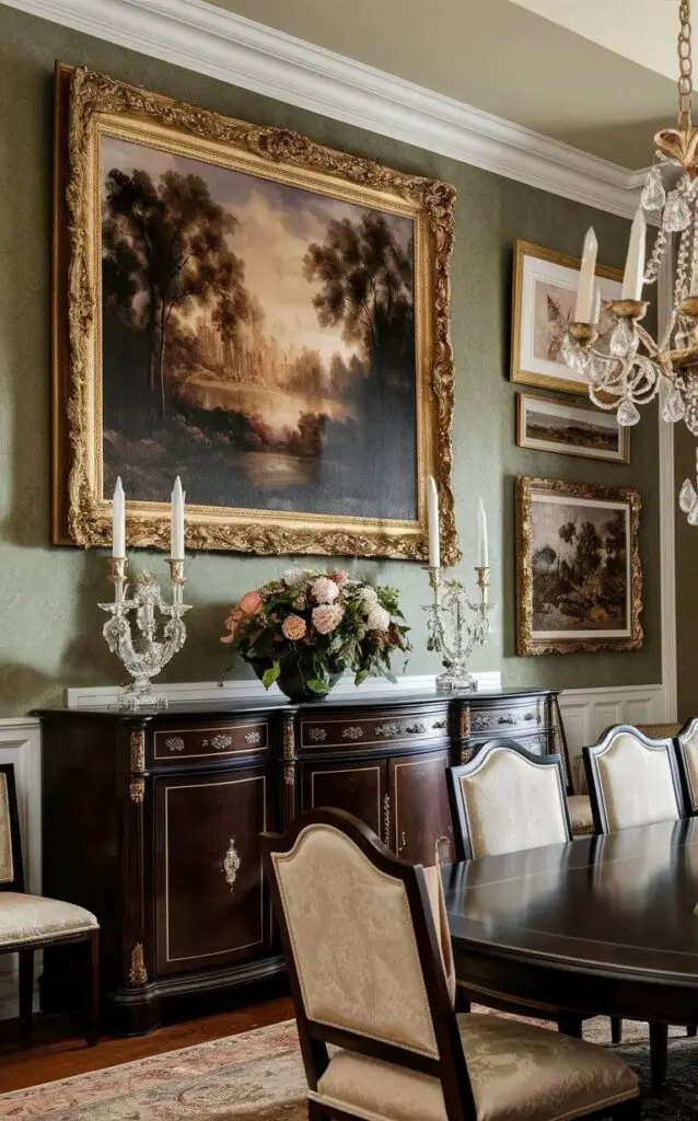 A traditional dining room adorned with classic artwork, including a large landscape painting in an ornate gold frame. The artwork hangs above a dark wood sideboard, complementing the room’s rich color palette. A grand dining table with upholstered chairs sits in the center, under a chandelier.